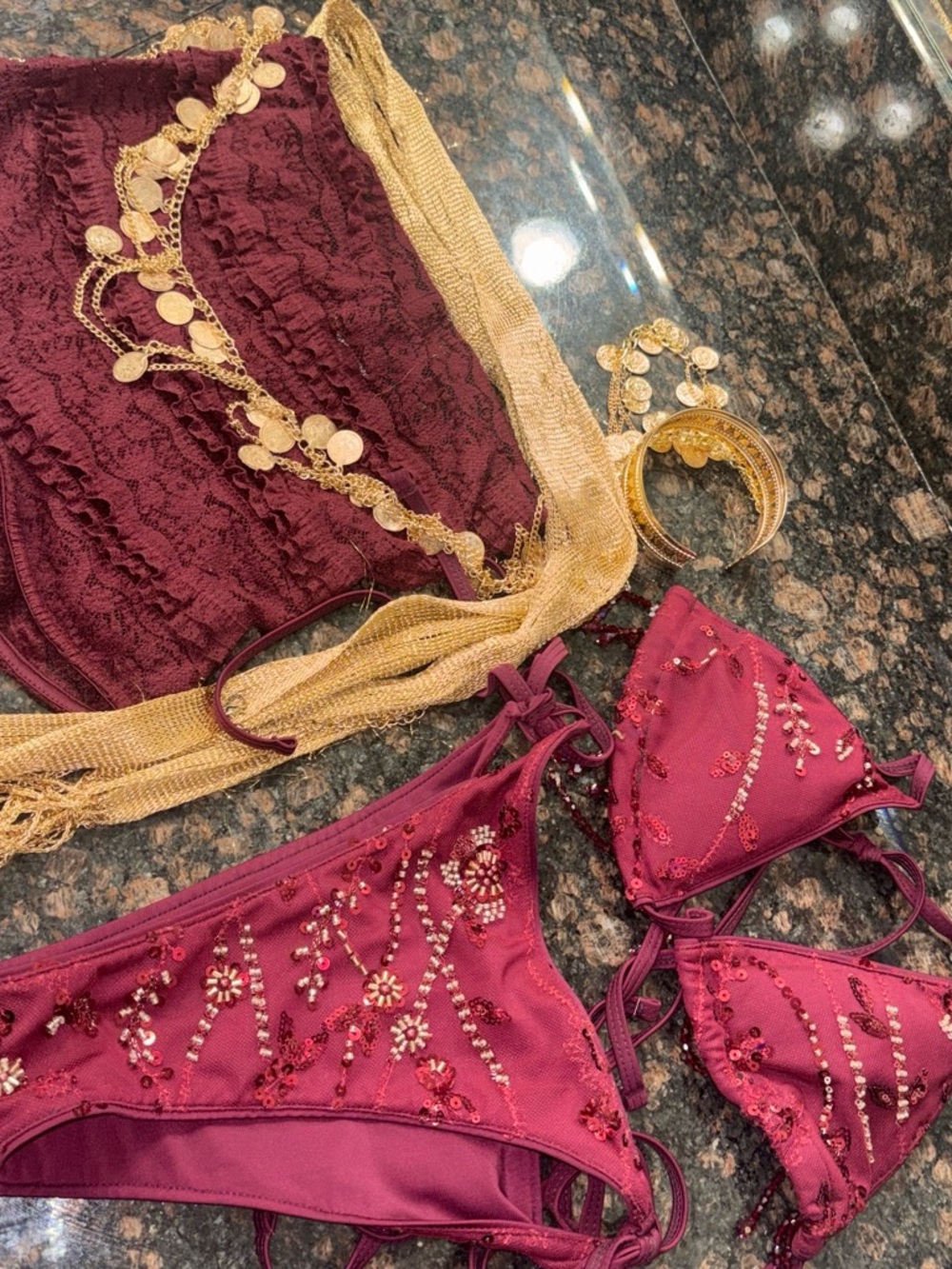 Embellished Burgundy Sequin Bikini Set with Gold Trim